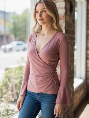 Alya Long Sleeve Wrap Top in Mauve Pink